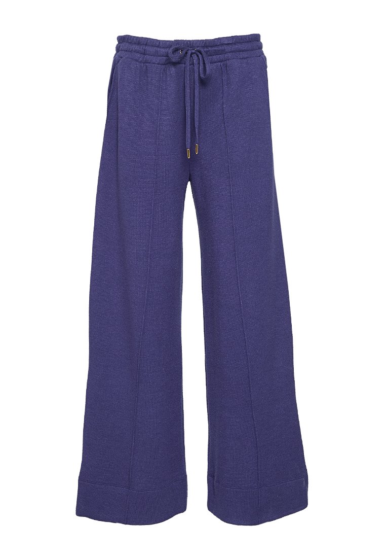 Paarse wijde broek van textuurstof, met een elastische tailleband met een koord en gouden accenten.