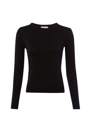 Zwarte nauwsluitende trui met lange mouwen, subtiele kleine sprankelende versieringen en een ronde halslijn.