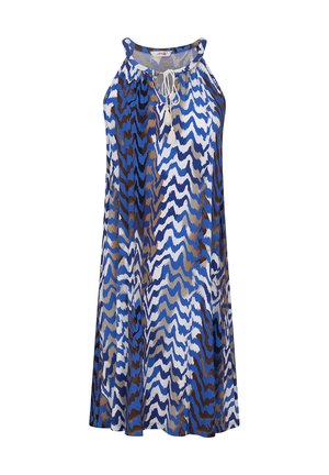 Ärmelloses Neckholderkleid mit blauem, weißem, grauem und schwarzem Zickzackmuster und einem Kordelzug mit Quasten am Ausschnitt.