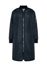 Marineblaue Bomberjacke mit einem Reißverschluss vorne, seitlichen Taschen, gerippte Bündchen und einer eleganten, glatten Textur. Hergestellt aus leichtem Material.