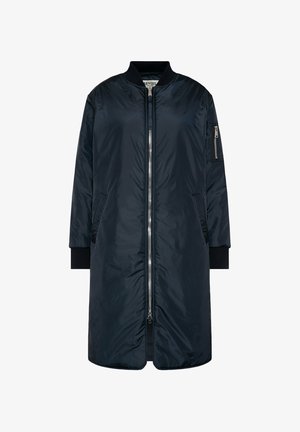 Navy blue bomber-style coat, featuring a zip front, side pockets, ribbed cuffs, and a sleek, smooth texture. Made from lightweight material.