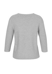 Grijze, langslavige top van zachte stof met een relaxte pasvorm en brede halslijn. Soepele tekstuur met minimale stikdetails op de rug.