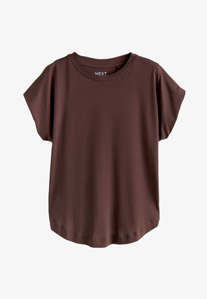 Donkerbruine T-shirt met korte mouwen, ronde halslijn en losse pasvorm, kreukvrij en effen ontwerp, weergegeven op een witte achtergrond.