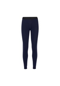 Marineblaue Leggings aus einem weichen, elastischen Stoff. Verfügen über einen breiten schwarzen Elastikbund mit Markenlogo. Glatte Textur, figurbetontes Design.