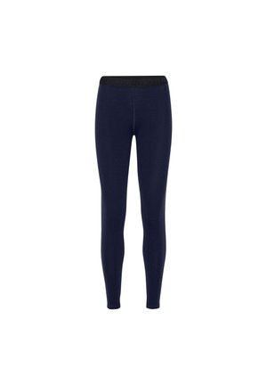 Navy leggings made of a soft, stretchy fabric. Features a wide black elastic waistband with brand logo. Smooth texture, form-fitting design.