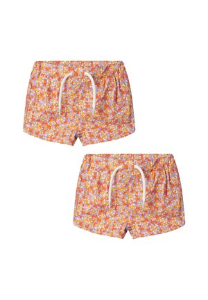 Mehrfarbige Badeshorts mit einem floralen Muster in Orange und Gelb auf einem hellpurpurnen Hintergrund, mit einem elastischen Bund und Kordelzug.