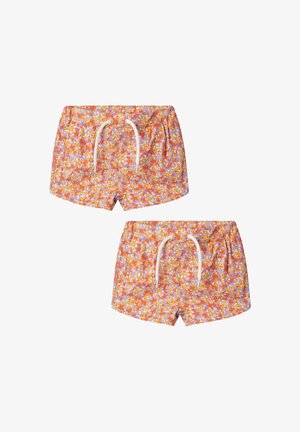 Multi-colored swim shorts featuring a floral pattern in orange and yellow on a light purple background, with an elastic waistband and drawstring.