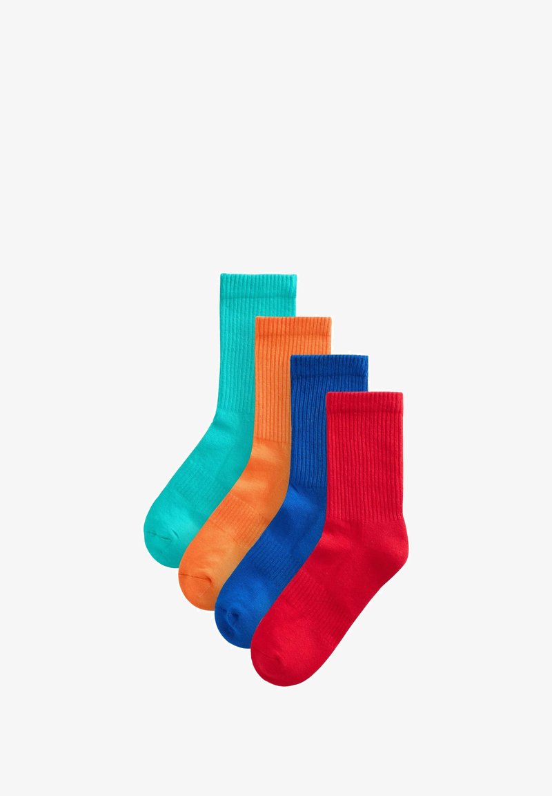 Cuatro calcetines en fila: turquesa, naranja, azul y rojo. Cada uno tiene una textura de canalé y un diseño clásico de longitud media. Sin patrones ni acentos.