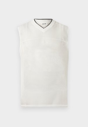 Hvid ærmeløs sportsvest i mesh med V-hals og kontrastfuld sort kant indvendig i kraven, fladt lagt på en lys baggrund.