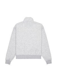 Sweat-shirt gris clair à manches longues avec poignets et ourlet côtelés, vu de dos, avec un col montant et une texture de tissu lisse.