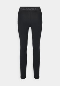 Czarne legginsy sportowe z wysokim stanem, ozdobione teksturowanym czarnym logo Nike. Wykonane z elastycznego materiału, ściśle przylegają do ciała.