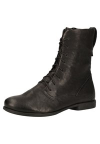 Schwarze Schnürstiefelette aus strukturiertem Kunstleder mit runder Zehenpartie und flacher Sohle, versehen mit einem gestickten Akzent an der Seite.