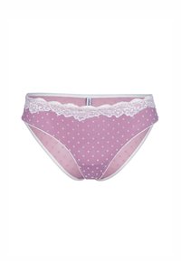 Mutandine in stile bikini di colore lillà con pois, decorate con pizzo bianco lungo la vita e bordi elastici bianchi.