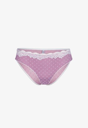 Mutandine in stile bikini di colore lillà con pois, decorate con pizzo bianco lungo la vita e bordi elastici bianchi.