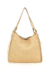 Borsa a tracolla in paglia intrecciata beige con rifiniture in pelle marrone chiaro e anelli in tonalità oro sulla tracolla regolabile, forma rettangolare con struttura morbida.