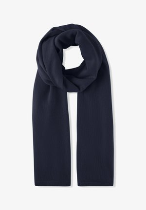 Écharpe bleu marine en tissu doux, avec une texture lisse et une forme longue et rectangulaire, enroulée pour l'exposition.