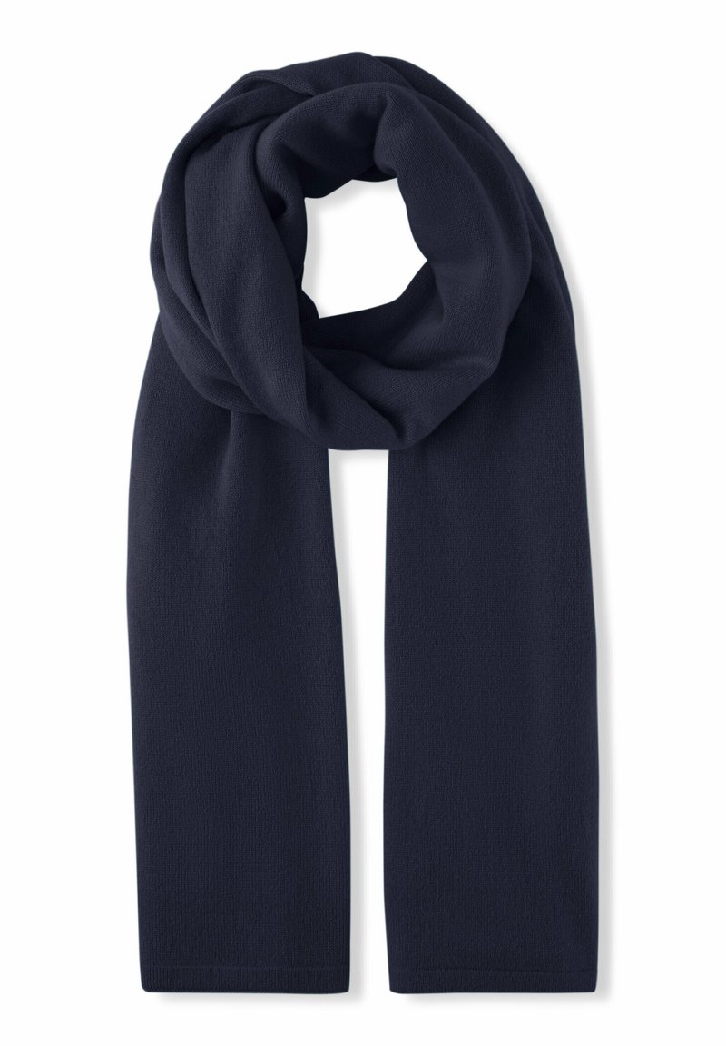 Écharpe bleu marine en tissu doux, avec une texture lisse et une forme longue et rectangulaire, enroulée pour l'exposition.