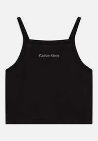 Černý přiléhavý top na ramínka s tenkými popruhy, na přední straně s jemným logem "Calvin Klein" v světle barevném písmu. Hladká textilie.