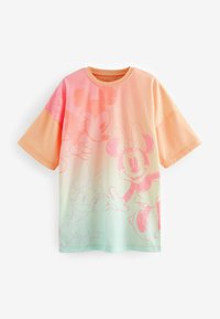 Rövid ujjú póló egyre világosabb őszibarack színből mentazöldbe. Pink körvonalakkal készült Disney karakterek nyomatai: Mickey, Minnie és Daisy. Pamut keverékből készült.