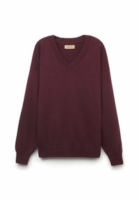 Bordeauxfarbener V-Ausschnitt-Pullover aus weichem Material, mit langen Ärmeln, gerippten Bündchen und Saum sowie glatter Textur ohne sichtbare Muster.