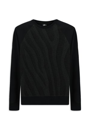 Schwarzer Pullover mit strukturiertem Streifenmuster auf der Vorderseite, einfarbig schwarzen Ärmeln und Rundhalsausschnitt. Weicher Strickstoff.