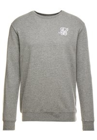 Szary długi rękaw sweter z okrągłym dekoltem, z małym białym haftowanym logo na górnej lewej części klatki piersiowej.