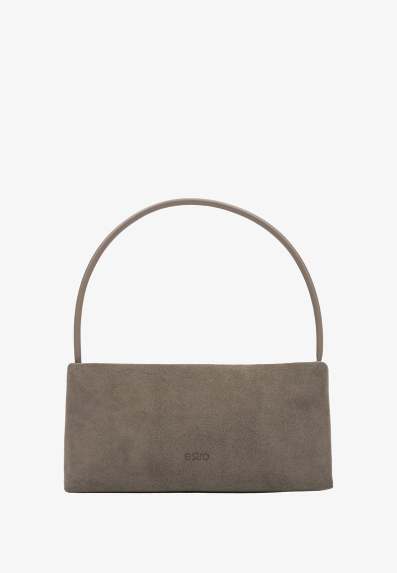 Rechthoekige grijze suède handtas met een dunne gebogen handgreep en subtiel logo. Glad oppervlak met een zachte kleur, geschikt voor dagelijks gebruik.