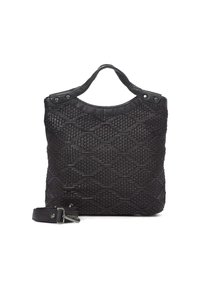 Zwarte geweven handtas met een gestructureerd oppervlak, ronde bovenhandgreep en afneembare schouderband. Voorzien van decoratieve hardware accenten.