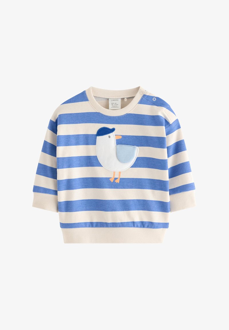 Chemise à manches longues pour tout-petit avec des rayures horizontales bleues et blanches et une application d'oiseau blanc portant une casquette bleue à l'avant.
