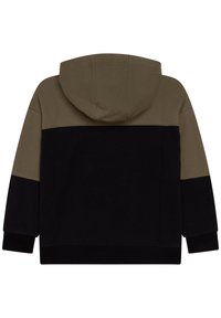 Hoodie i olivgrönt och svart. Har en färgblockdesign, mjukt tyg och ribbade ärmslut. Bakifrån visas huva och sömmar.