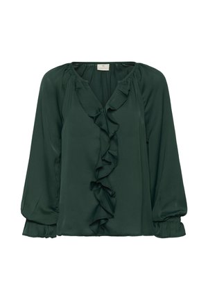 Bluză lungă cu mânecă lungă, de culoare verde închis, dintr-un material ușor, cu decolteu adânc în formă de V și volane texturate pe partea din față. Manșete elastice.