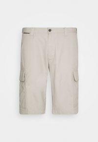 Pantalones cortos tipo cargo beige hechos de una mezcla de algodón, con bolsillos laterales y un cierre de botón simple, con una textura suave y un diseño hasta la rodilla.
