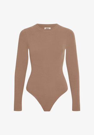 Lange mouwen bodysuit van zacht bruin materiaal met een hoge hals, een aansluitende vorm en drukknoopsluiting aan de onderkant. Gladde textuur, minimalistisch ontwerp.