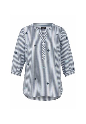 Blauw-wit verticale gestreepte blouse met driekwart mouwen, ronde hals, knoopsluiting en kleine bloemrijke borduurdetails.