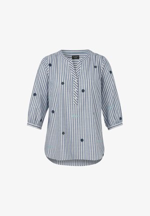 Blau-weiß vertikal gestreifte Bluse mit Dreiviertelärmeln, rundem Ausschnitt, geknöpfter Knopfleiste und kleinen floralen Stickereien.