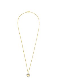 Gouden ketting met een hartvormige hanger versierd met heldere rhinestones en een binnenste hartvorm in goudkleur.