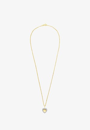 Gouden ketting met een hartvormige hanger versierd met heldere rhinestones en een binnenste hartvorm in goudkleur.