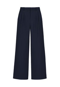 Pantalons bleu marine à jambes larges avec des plis, passants de ceinture et taille haute, présentés à plat sur un fond blanc.