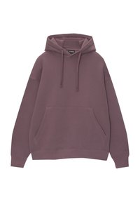Sweat-shirt à capuche mauve avec poche kangourou avant, manches longues, poignets côtelés et capuche réglable avec cordon.