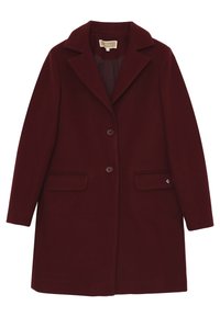 Cappotto in lana bordeaux con colletto a scollo, due tasche frontali e due bottoni. Presenta una texture liscia e dettagli di design minimalisti.
