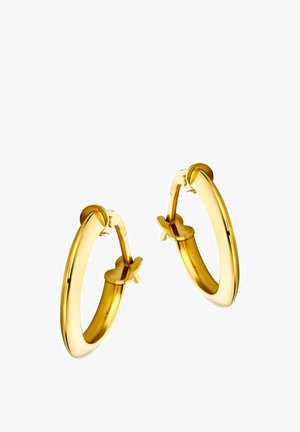 Aukso tonavimo auskarai su lygiu, apvaliu dizainu ir saugiu užsegimu, pasižymintys blizgiu paviršiumi ir minimalistiška forma.