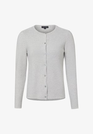 Lichtgrijs vest gemaakt van geribbelde gebreide stof, met een ronde hals, lange mouwen en kleine knoopjes aan de voorkant.