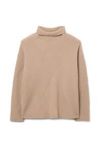Maglione beige con collo a imbuto realizzato in tessuto a coste, caratterizzato da un motivo geometrico con linee angolari e una vestibilità rilassata.