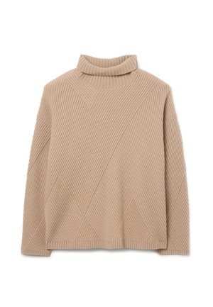 Beige Rollkragenpullover aus geripptem Stoff mit geometrischem Muster aus schrägen Linien und einer lockeren Passform.