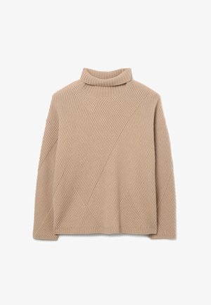 Beige coltrui van ribstof, met een geometrisch patroon van schuine lijnen en een ontspannen pasvorm.