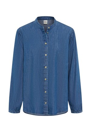 Chemise en jean bleu à boutons, manches longues, col mao, poignets froncés, de la marque Brax.