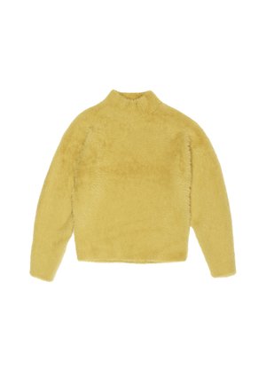 Suéter amarillo de felpa con un cuello alto y mangas largas, que presenta una superficie suave y texturizada con un diseño corto.