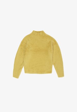 Geel donzig sweater met een hoge hals en lange mouwen, met een zachte, gestructureerde oppervlakte en een cropped ontwerp.