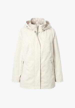 Cremfarbene wasserfeste Jacke mit Kapuze, verfügt über einen Reißverschluss vorne, zwei Seitentaschen und ein gesteppter Innenfutter für Wärme.