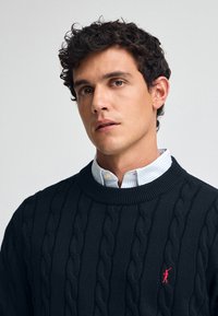 Mörk marinblå kabelstickad tröja med rund halsringning, med en liten röd logotyp på bröstet och överlagd över en ljusblå skjorta med krage.